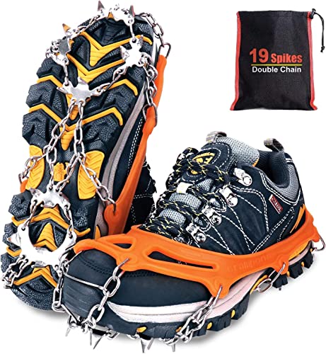 Tevlaphee Crampones,19 Dientes Tacos de tracción Nieve y Hielo Tracción para Invierno Deportes Montañismo Escalada Caminar Alpinismo Cámping Acampada Senderismo (Orange-L)