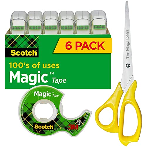 Scotch Tape 6 Packs Clear Tape, Scotch Magic Tape with Dispensers, Invisible Tape 3/4 x 300 Inches and a 8 Inch All Purpose Scissors