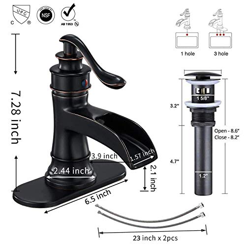 Waterfall Bathroom Faucet Oil Rubbed Bronze Sink with Pop Up Drain Stopper Faucets Single Hole Rustic Vanity Farmhouse Overflow One Handle Bath Black Commercial Assembly Lead-Free by Homevacious