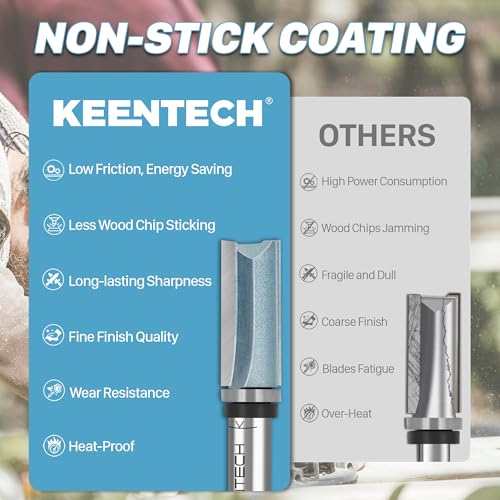 KEENTECH Router Bits 1/4" Shank, Flush Trim Router Bit, Top Bearing Carbide Tipped Pattern Bit, Template Straight Heavy Duty Woodworking Trimming Cutting Tool for Wood, 1/2" Diameter, 1-1/2" Depth by KEENTECH - Image 5