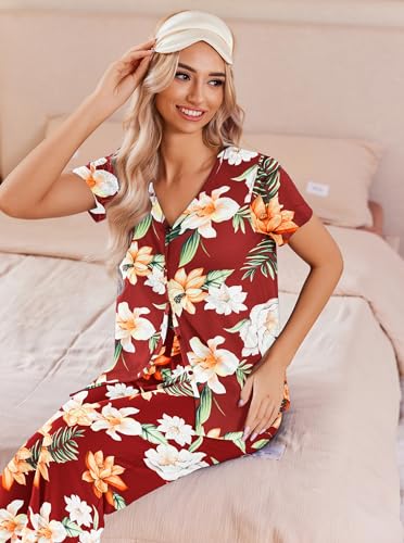 Image of Ekouaer Women's Pajama Sets Short Sleeve Sleepwear Button Up Pj Loungewear Top and Capri Pants with Pockets