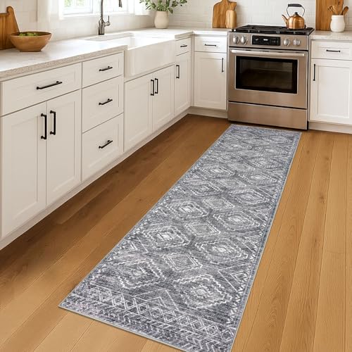 KILOCOCO Hallway Runner Rug 2'x7' Runners for Hallways Washable Runner Rug Non Slip Rubber Backed Low-Pile Runners for Bedroom Kitchen Living Room Laundry Room Boho Rugs, Grey