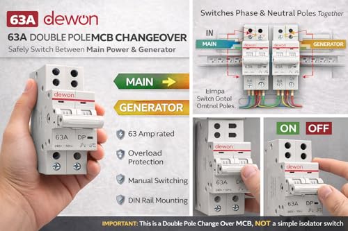 Image of Dewon 63A Double Pole MCB Changeover | DP MCB Change Over Switch | 240V 50Hz