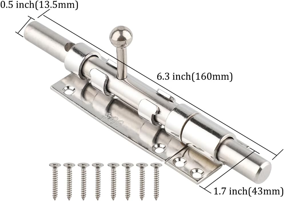 Slide Bolt Gate Latch Heavy Duty 304 Stainless Steel Barrel Bolt not Include Padlock Sliding Door Lock 6/8/10 Inch (6 Inch)