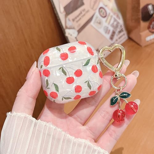 Image of MINSCOSE for AirPods 4 Clear Case,Cute Glitter Cherry Leaves Pattern Aesthetic Design with Cherry HeartShaped Keychain,Soft TPU Protective Shockproof Case for Women Girls for Airpods 4-Red