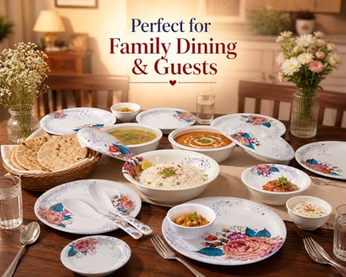 Image of Arova 32 Pieces Melamine Dinner Set for 6 Persons | Unbreakable & Lightweight Crockery Set | Floral Design Plates & Bowls Set | Serving Bowls, Spoons & Lids | Dishwasher Safe Dinnerware Set