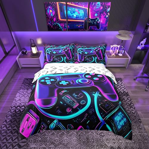 Loussiesd Gamer Bettwäsche Set 135x200cm Neon Gamer Betten für Kinder...