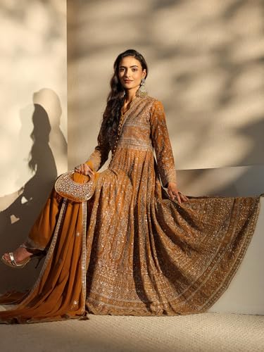 Image of Libas Art Embroidered Georgette Anarkali Kurta With Palazzos and Dupatta | ethnic wear | bridal suit | occasion wear