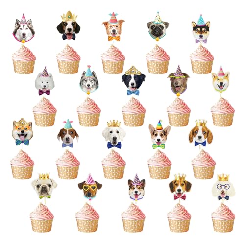 WATUNID 28Pcs Hund Cupcake Toppers, Hund Gesicht Kuchen, Hunde Geburtstag Muffin Deko, Niedliche Welpen Cupcake Deko für Haustier Thema Hundegeburtstag Party-Zubehör Baby-Dusche (20 Styles)