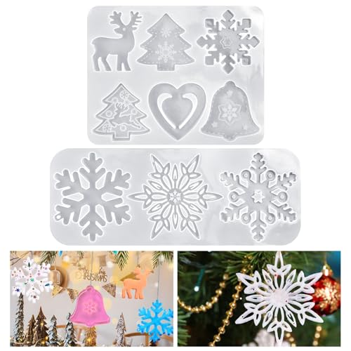 DTYGUIXE Moldes para Resina Epoxi de Navidad, 2 Moldes de Silicona para Resina para Navidad en Formas de Copos de Nieve Ciervo Campana Corazón Árbol Molde de Silicona Navideño para Manualidades