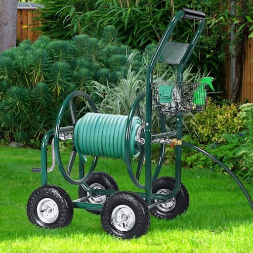 Heavy Duty Garden Hose Reel Trolley with 4 Wheels, Green Water Pipe Bracket for Outdoor Industrial Use, Holds up to 300M Hose (Not Included)