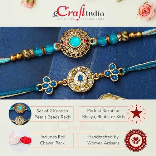 Image of eCraftIndia Set of 2 Beautiful Kundan Pearls Beads Designer Rakhis with Roli Chawal Pack