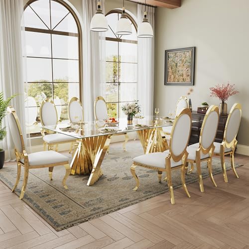 ModaWhly Glass Dining Table Set for 8, Luxury 94" Gold