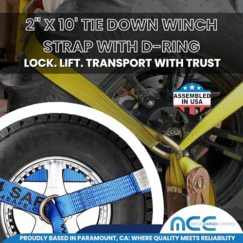 Image of Mega Cargo Control 2 inch x 10' D-Ring Lasso Strap & Recovery Auto Tie Down for Wheel Lift, Trailer, Tow Truck (4 - Pack)