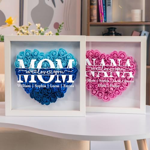 Macorner Personalized for Mom, Grandma from Daughter, Son, Kids, Mom Flower Shadow Box Custom Kid Name Box Frame, Grandma Gifts, Mom Birthday Gifts, Mothers Day Decor Mom Gifts
