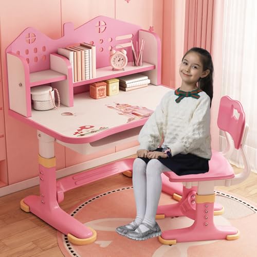 Juego de sillas de escritorio funcionales para niños, mesa de estudio de altura ajustable para niños, escritorios escolares con tablero de castillo, silla ergonómica, cajón espacioso, juego de