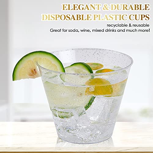 Focusline 100 Pack Silver Glitter Plastic Cups 9 Oz Clear Plastic Cups Tumblers, Fancy Disposable Hard Plastic Cups With Silver Glitter For Wedding Cups Elegant Party Cups #TOP3