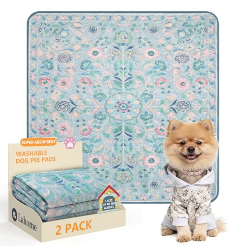 Image of Lahome Washable Reusable Pee Pads for Dogs, 2 Pack, Blue, 24x24 | Super absorbent, waterproof training mats with leakproof non-slip backing; suitable for potty training, crates and floors.