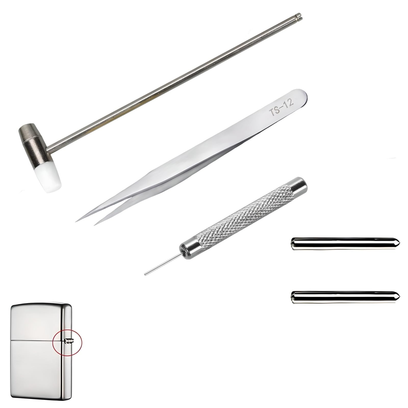 CICINIO ジッポライター修理キット, ヒンジピン交換ツール, パンチ・ハンマー付き, 直径1.2mm (9mm/1970-2004)