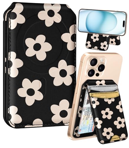 Shorogyt - Carteira Magsafe Compatível com Carteira para Mulheres - Couro com Bloqueio RFID - 4 Compartimentos para Cartões - Floral Preto