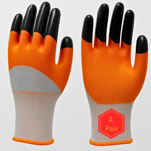 Image of Premium Nitrile Coated Work Gloves - Industrial Grip, Cut & Abrasion Resistant - Flexible & Durable Safety Gloves for Construction, Warehouse, Automotive, Cleaning (Orange, 1 Pair)