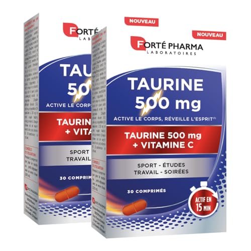 Forté Pharma - Duo Taurine 500mg - Anti fatigue, Coup de boost energie - Complement Alimentaire actif en 15min - Renforcé en Vitamine C - 2x30 comprimés, 1/jour