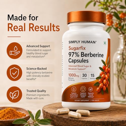 Image of Simply Human Berberine 1000mg Capsules for Blood Sugar & Metabolic Support | 97% Pure Berberine Extract | Supports Healthy Glucose Levels, Cravings & Energy | 30 Veg Capsules