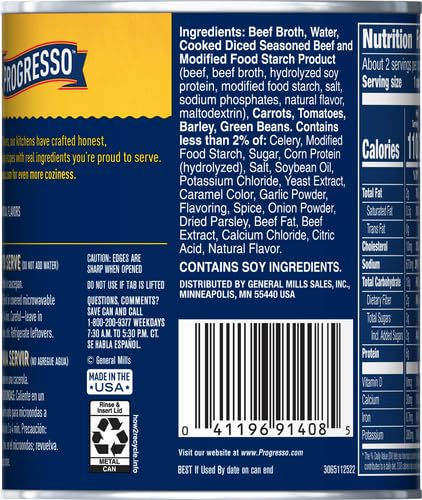 Image of Progresso Rich & Hearty Savory Beef Barley Vegetable Canned Soup, 18.6 oz | Seasoned beef, Barley, Carrots, Tomatoes & green beans in beef broth, No artificial flavors