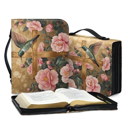 Large Hummingbird Cross Pu Leather Bible Tote For Women, Church Bag With Handle Bookmark, Stylish Floral Design3