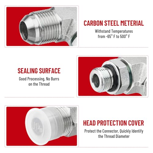 Image of 5 Pack 90 Degree Elbow Hydraulic Adapter Fittings: 3 /4 inch JIC 37 Male x #8 SAE /ORB Male, Hydraulic Hose End Connectors with Protection Cover - 6801-12-08