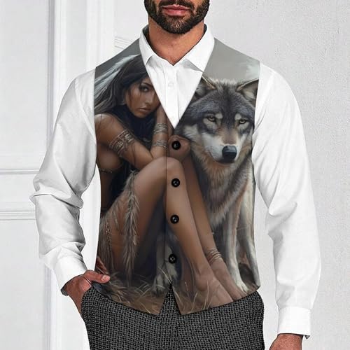 Indian Maiden And Wolf Native Am-erican Mens Slim Fit Suit Vest Dress Waistcoat Casual Business Vest2