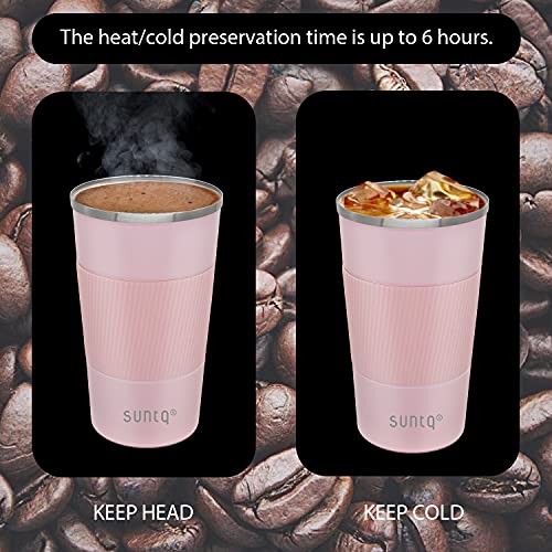 SUNTQ Tazas de café reutilizables de viaje de 510 ml con tapa a prueba de fugas - Taza térmica aislada - Taza de viaje de acero inoxidable con agarre de goma para bebidas calientes y frías, color rosa - Imagen 5