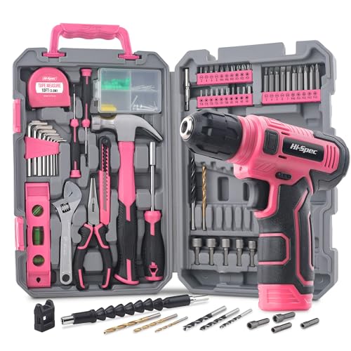 Hi-Spec Kit d’outils Rose avec perceuse-visseuse sans fil 8V rechargeable USB – Coffret d’outillage compact pour bricolage, réparation et entretien à...