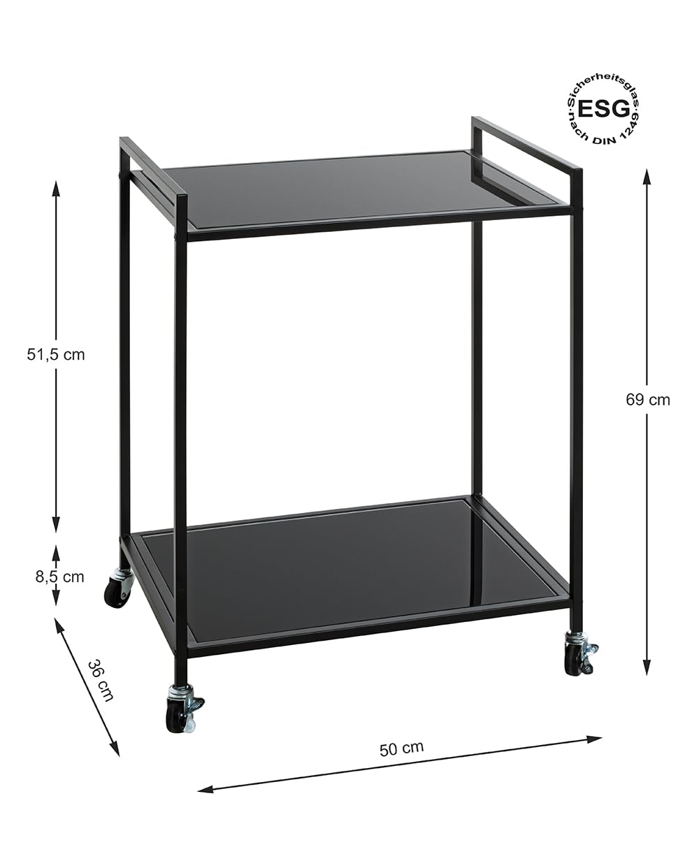 HAKU Tavolino su rotelle in metallo nero, piano in vetro di sicurezza da 5 mm - Dimensioni: L 50 x A 69 x P 36 cm Stile: Moderno