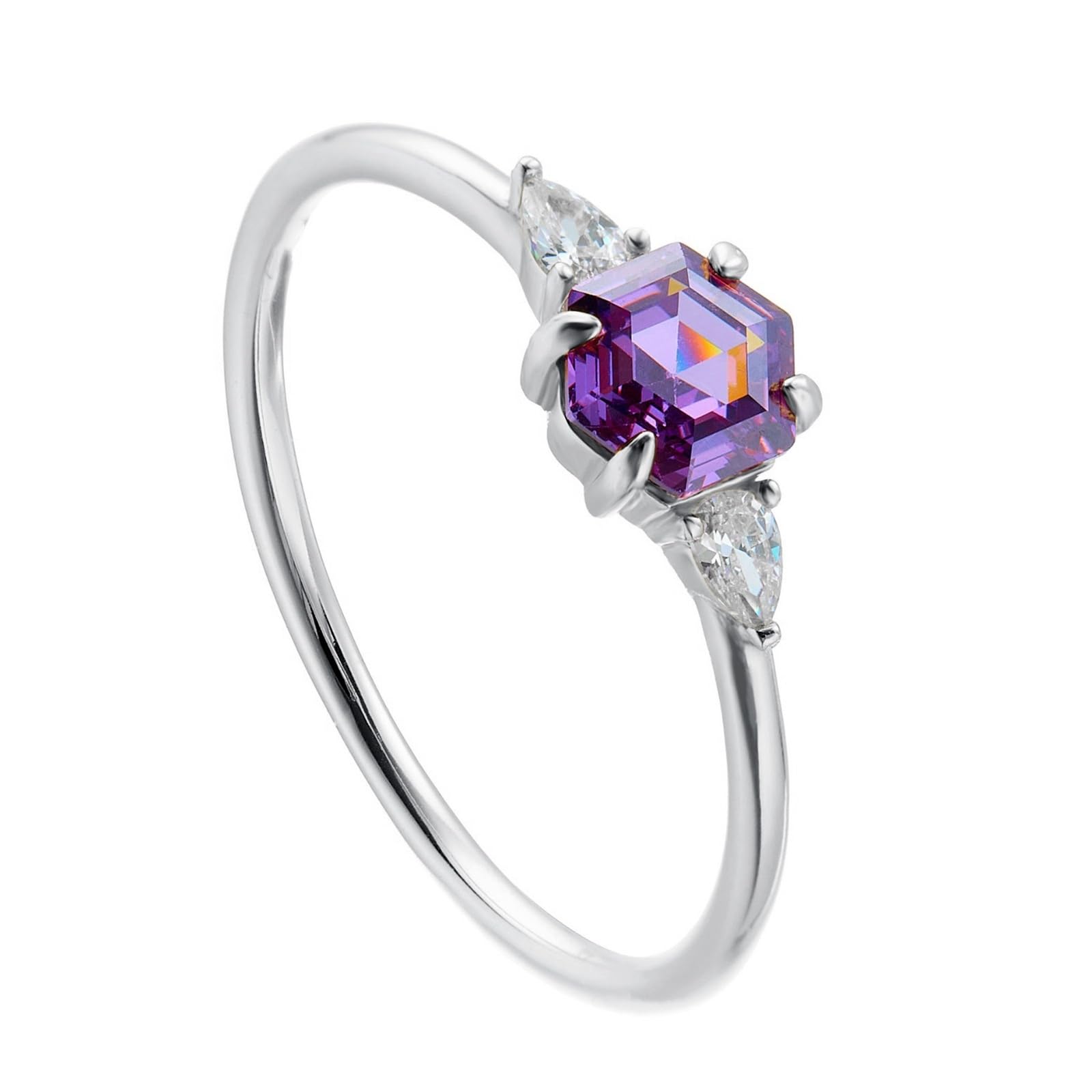 Anillos de oro blanco de 9 quilates para mujer, anillos de amistad con moissanita y amatista morada hexagonal para mujer