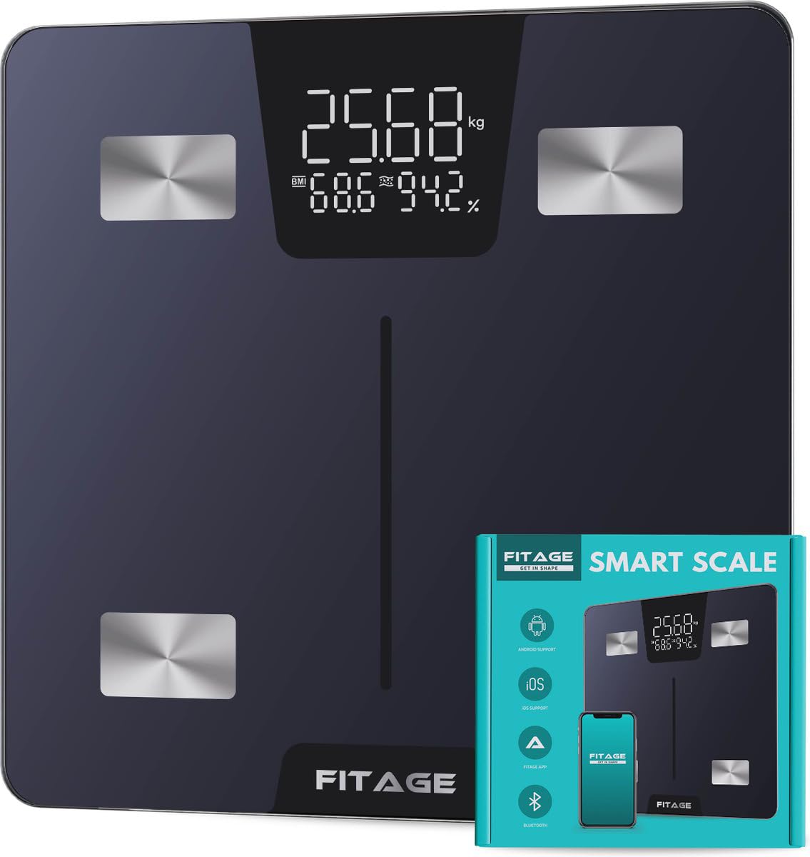 FITAGE Bascula Grasa Corporal y Muscular, Bascula de Baño Digital con app, Bascula Inteligente con 17 Medidas Corporales, Alta Precisión Balanza Peso Corporal Hasta 180 kg Gran Pantalla LCD