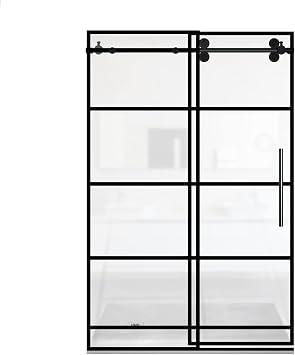 Marcella Single Sliding Shower Door with Reversible Handle 44- 48 W x 76 H - 3/8" Thick Frameless Tempered Glass - Matte Black Silk Printing Grid Shower Door by Fab Glass and Mirror
