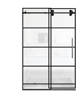Marcella Single Sliding Shower Door with Reversible Handle 44”- 48” W x 76” H - 3/8" Thick Frameless Tempered Glass - Matte Black Silk Printing Grid Shower Door by Fab Glass and Mirror