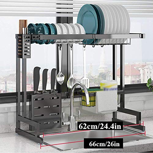 Over Sink Dish Drainer Regal, Geschirrtrockner mit Utensilienhalter, Edelstahl Geschirrkorb Küche, Theke Organizer Schwarz 86cm (34inch)