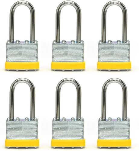 Miniatura 1 de Candado laminado con llave (1-916 pulgadas, 1.575 in), cerraduras iguales con llave, grillete largo, aro de plástico amarillo marcado, paquete de 6