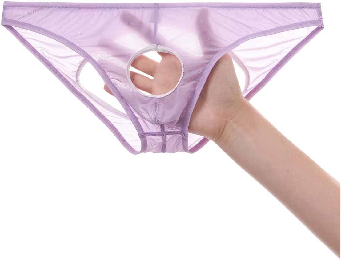 JINSHI Men's Sexy Silk Underwear Open Front Stretch Briefs Male See Through Sheer Ultra-Thin Breathable Briefs