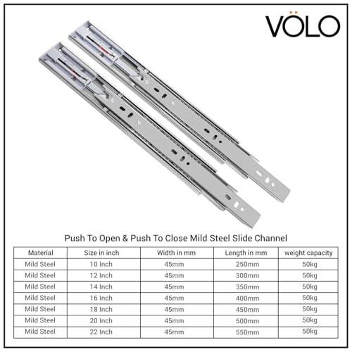 Image of Volo Heavy Duty Drawer Slides, Full Extension Ball Bearing Runners | Pack of 2 Piece | Channels for Kitchen Cabinets, Wardrobes, and Dressers (Push to Open, 10 Inch)
