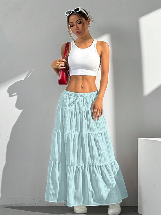 Image of Jawdrobe Women's Georgette Ruffle Hem Long Flared Skirt Lightweight Soft Fabric| High-Waisted Ruffled Maxi Plain and Pleated Skirt