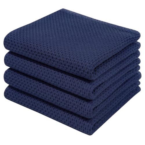 Image of Homaxy 100% Cotton Waffle Weave Kitchen Dish Towels 4-Pack, Dark Navy | 13 x 28 Inches, Ultra Soft Absorbent Dish Towels, Quick Drying Cleaning Towels