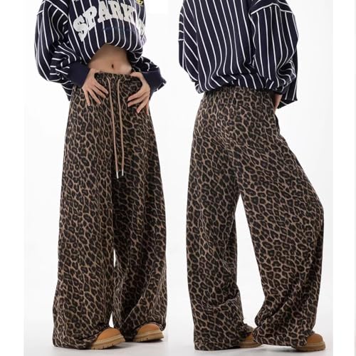 Gothic Retro lace up Leopard Print Pants, Versatile Wide Leg Pants with Design Sense, American Street Loose Hiphop3