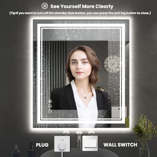28 x 32 Inch LED Bathroom Mirror, Front Light and Backlit Anti-Fog Dimmable Memory Lighted Vanity Mirror, Shatterproof Wall-Mounted Led Mirror for Bathroom