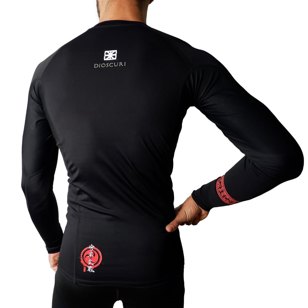 Dioscuri Rash Guard Jiu Jitsu Long Sleeve Compression Shirt for MMA and Jiu Jitsu Training. Taodist Message by Miyamoto Musashi Black