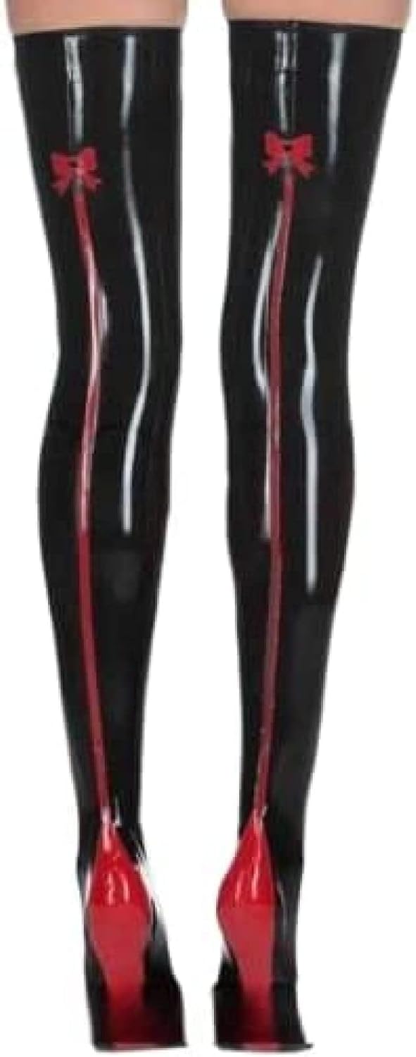 Latex Stockings Women Rubber Tights Patchwork Colour Fetish Latex Stockings,Black+red,Large