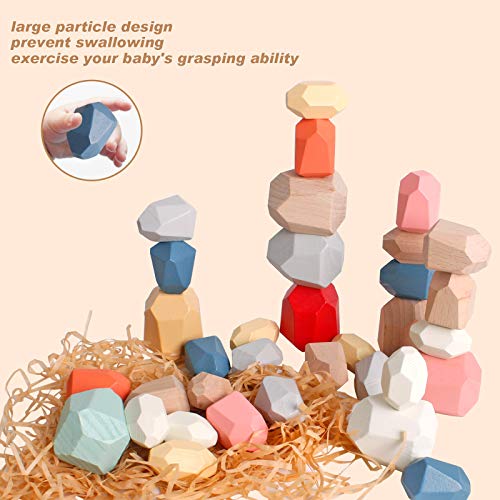 Dinhon 36Pcs Colorful Blue Wood Stone Stacking Game Wooden Building Block Set Lightweight Natural Balance Weight Colorful Rock Block Educational Educational Toy #TOP3