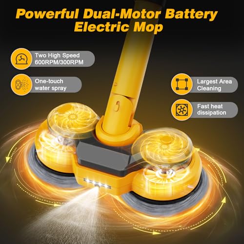 21V Kabellos Bodenwischer Elektrisch mit 2x2000mAh Batterien Wischmopp Poliermaschine mit Sprühfunktion Elektrischer Wischer Mopp mit 400 ML Wassertank, LED Beleuchtung 4Pads